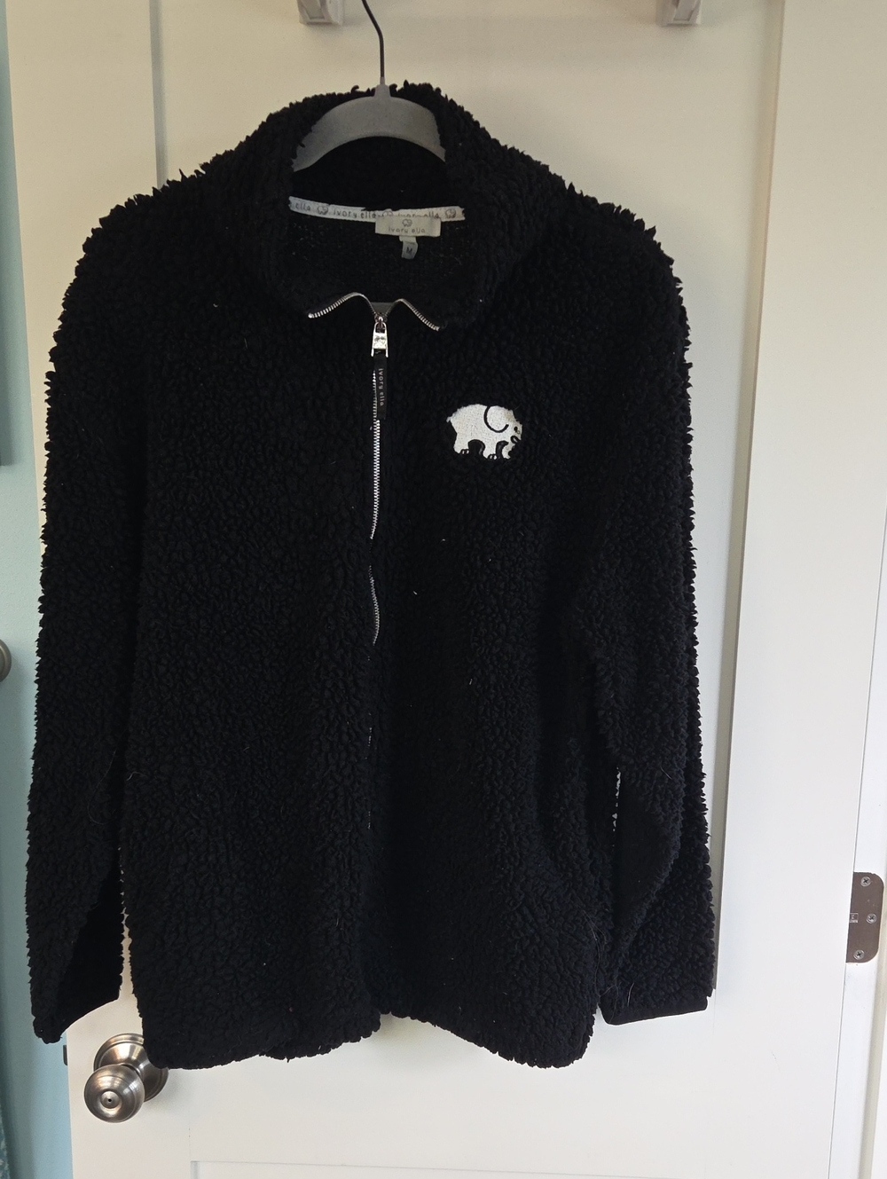 ivory ella Black Teddy Sherpa Jacket with Elephant Patch